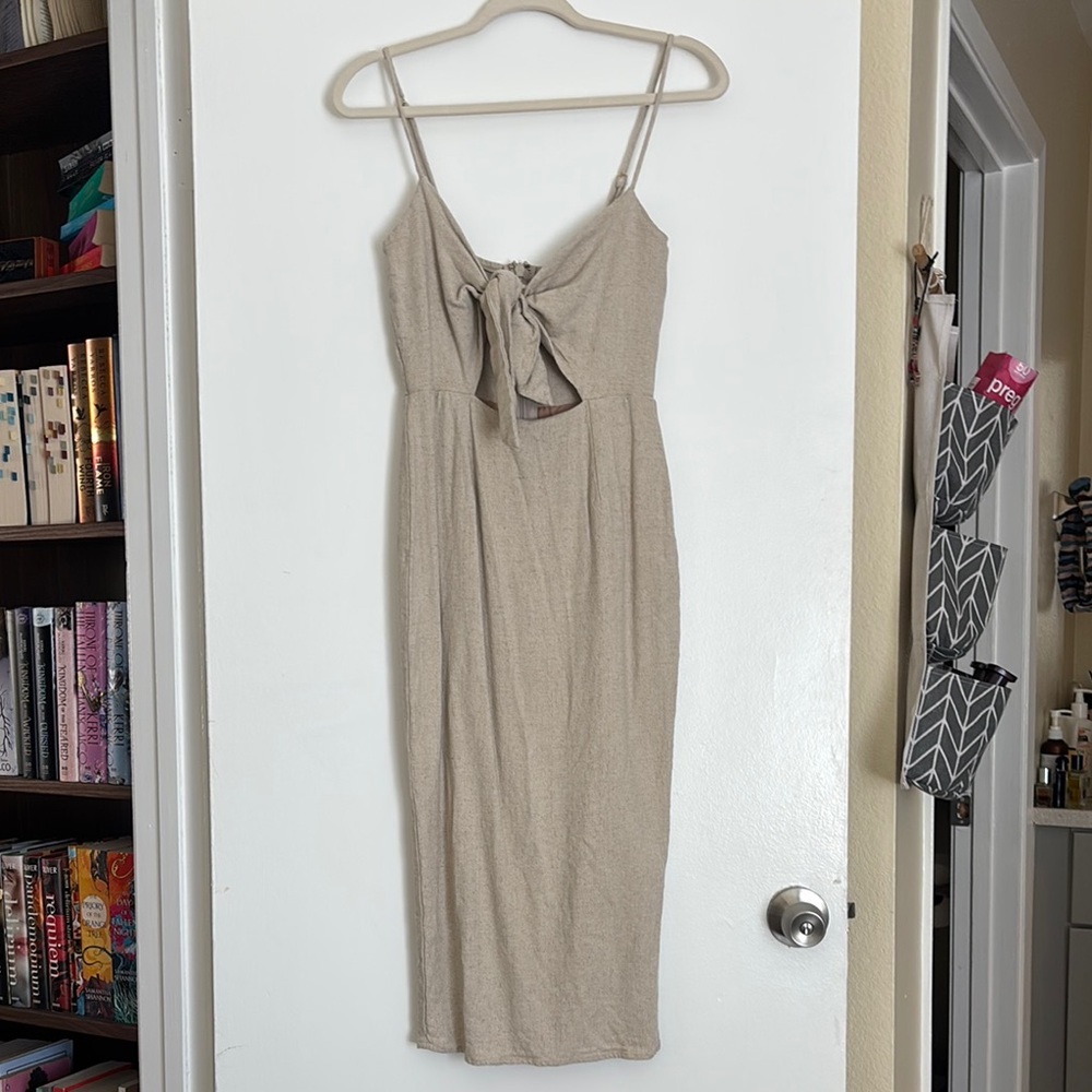 JLUXLABEL Tan Sheath Spaghetti Strap Midi Dress